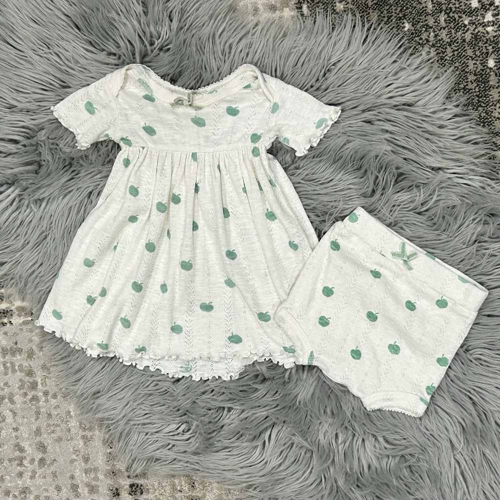 Kate Quinn Girls‎ Organic Cotton Pointelle Green Apple Dress W/Bloomer Size 3-6m